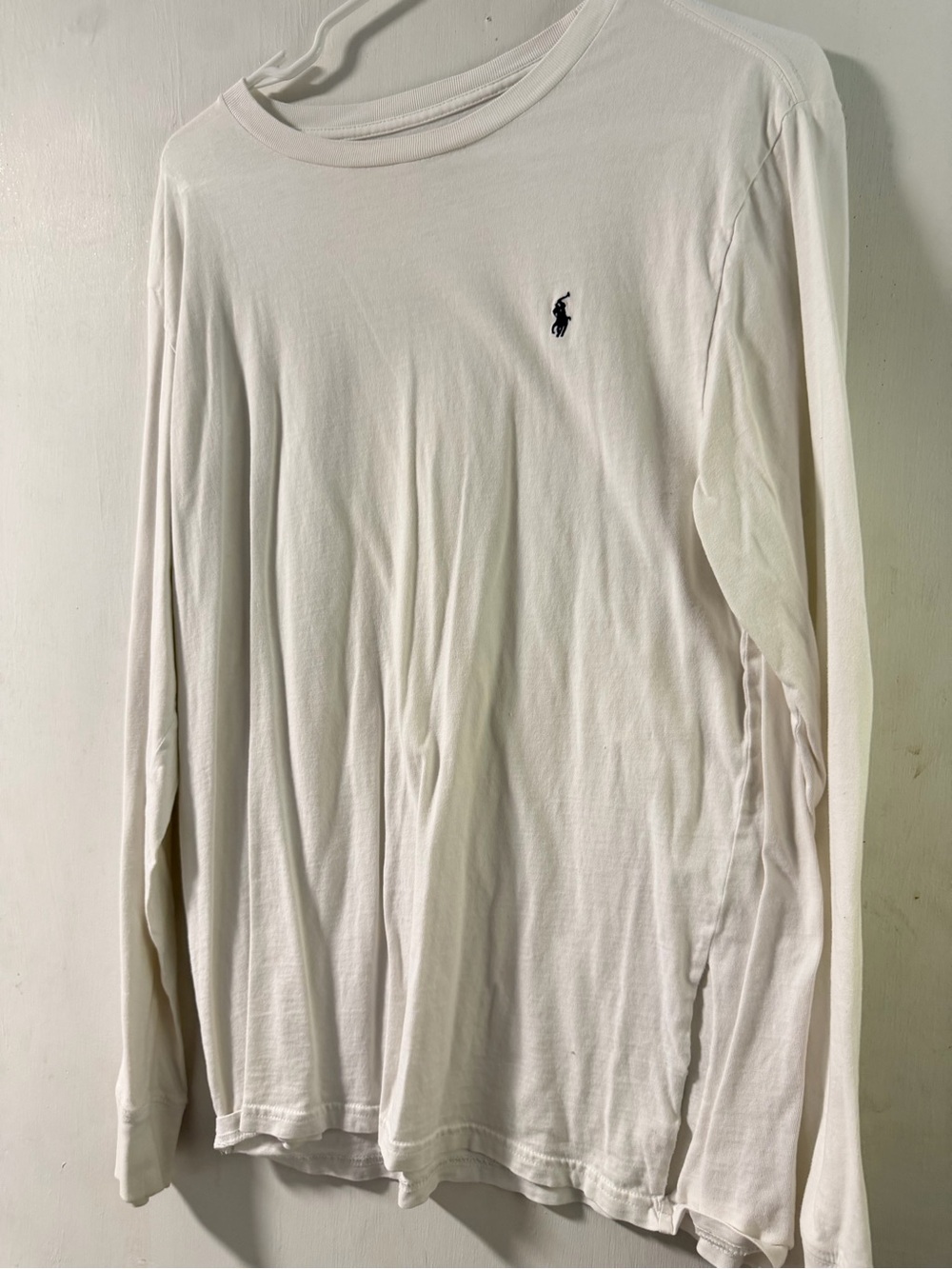 Ralph Lauren White Long Sleeve Crew with Navy Polo Emblem